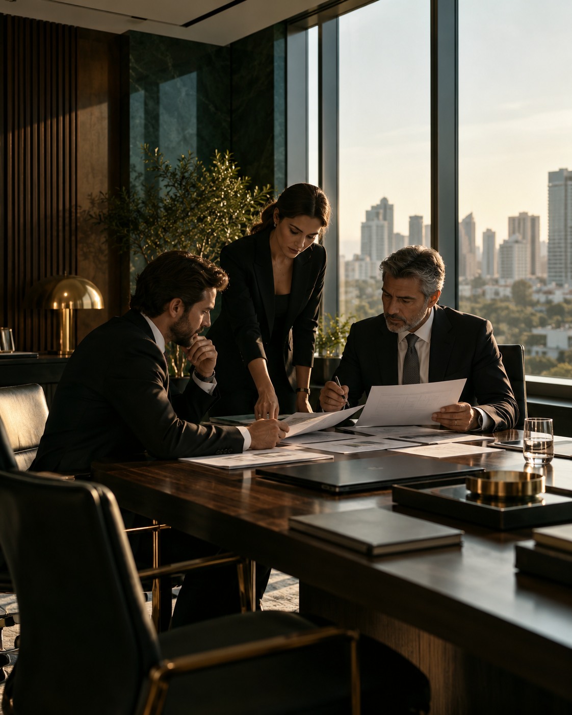 Profissionais analisam documentos em uma reunião de negócios.
