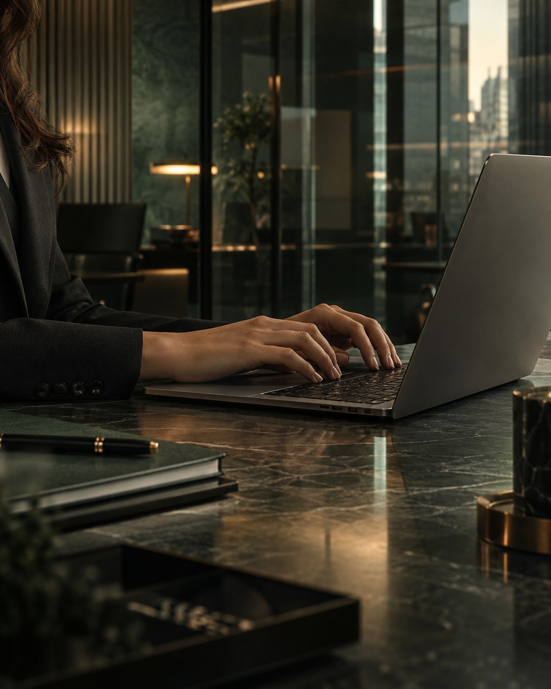 Profissional trabalha em um ambiente de tecnologia e governança.